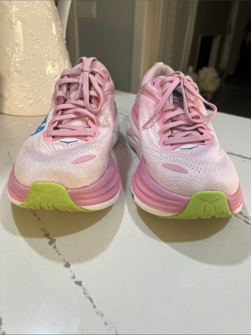 Hoka Bondi 8 Women's Pink and Neon Lime Running Shoes with Blue Logo size 8.5 - Picture 9 of 15